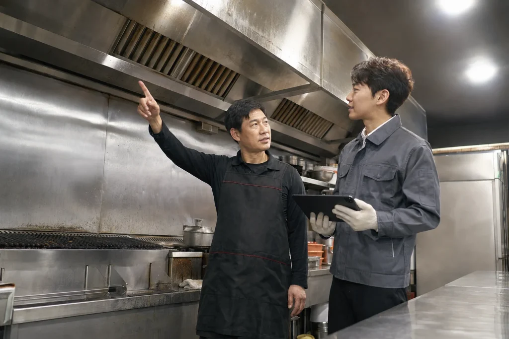 식당 주방에서 현장 브리핑하는 점주와 작업자